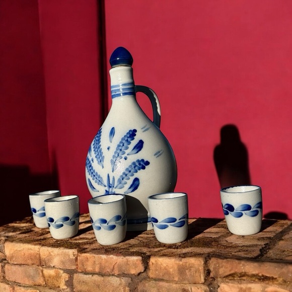 Source Unknown Other - VINTAGE BLUE & WHITE STONEWARE DECANTER SET WITH FIVE CUPS